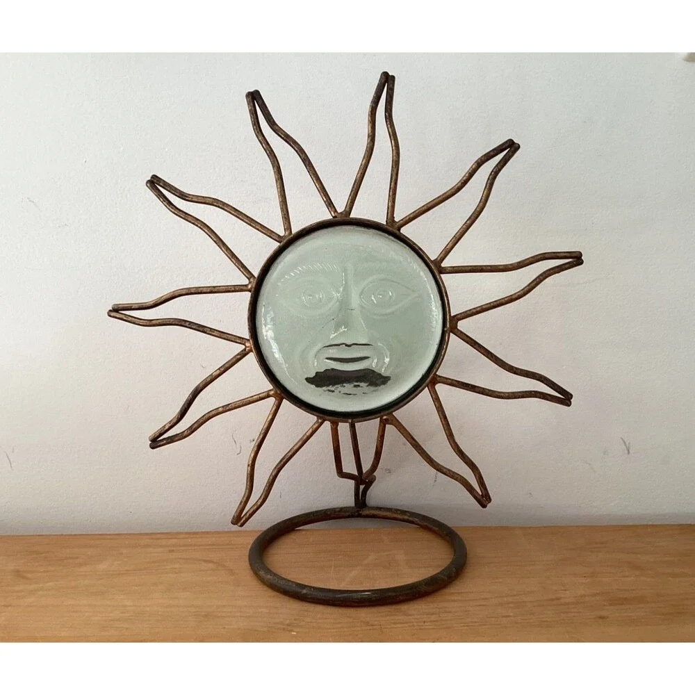 Green Glass Metal Celestial Sun Candle Holder 10.5” Boho Mystical